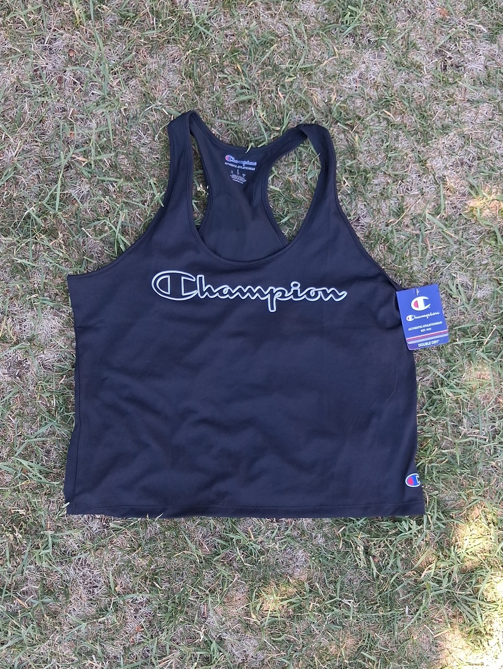 Champion Black Racerback Crop Tank with White Logo
